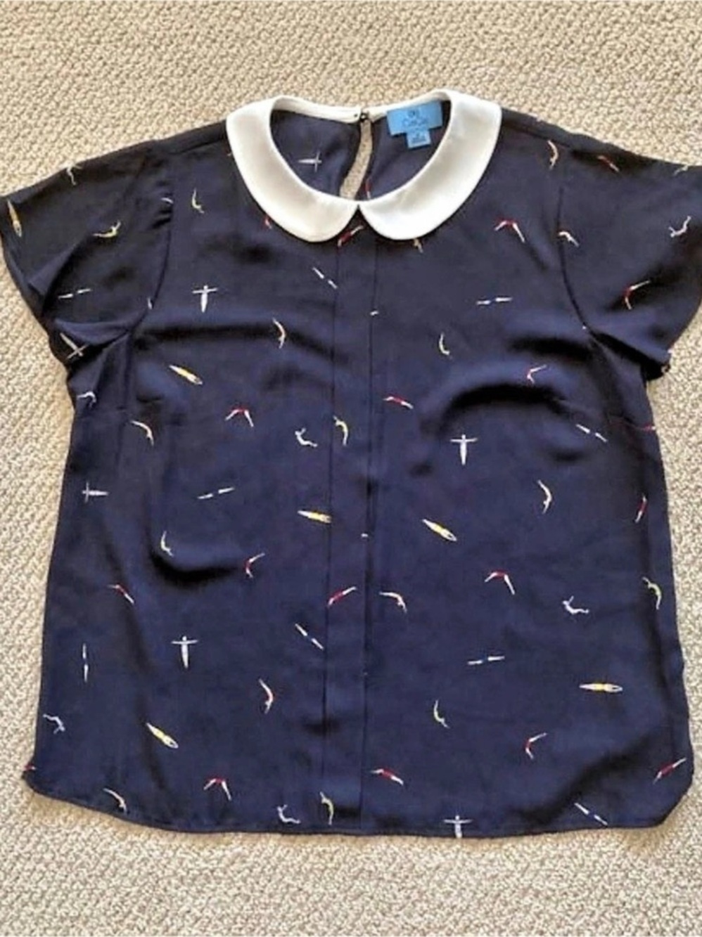 CeCe Navy Blue White Collared Divers Short Sleeve Blouse Size Medium Like New